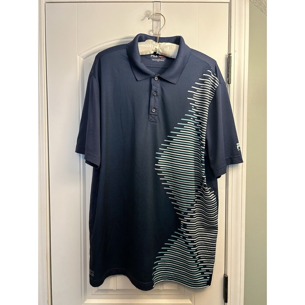 FILA Sport Golf Polo Shirt Mens Large Blue Striped Performance Short Sleeve - Picture 2 of 14
